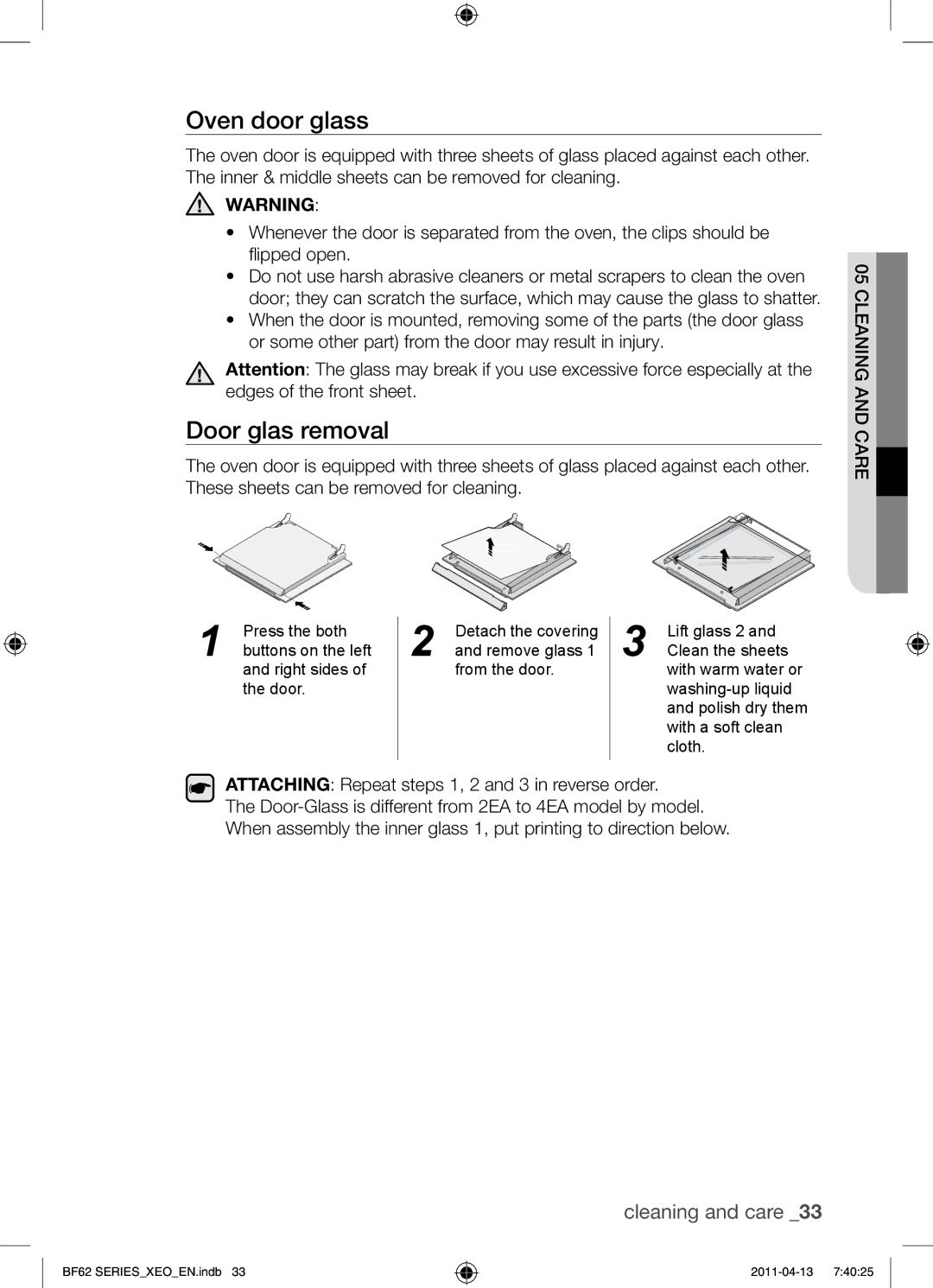 Samsung BF62TCST/XEO, BF62TCST/XEG Oven door glass, Door glas removal, Attaching Repeat steps 1, 2 and 3 in reverse order 