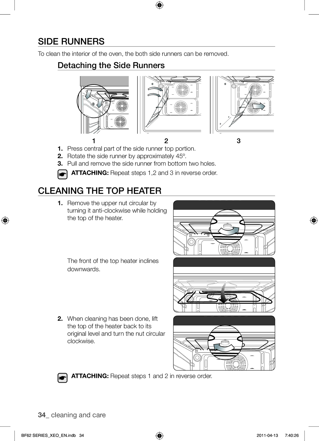 Samsung BF62TCST/XEG, BF62TCST/XEO manual Cleaning the top heater, Detaching the Side Runners 