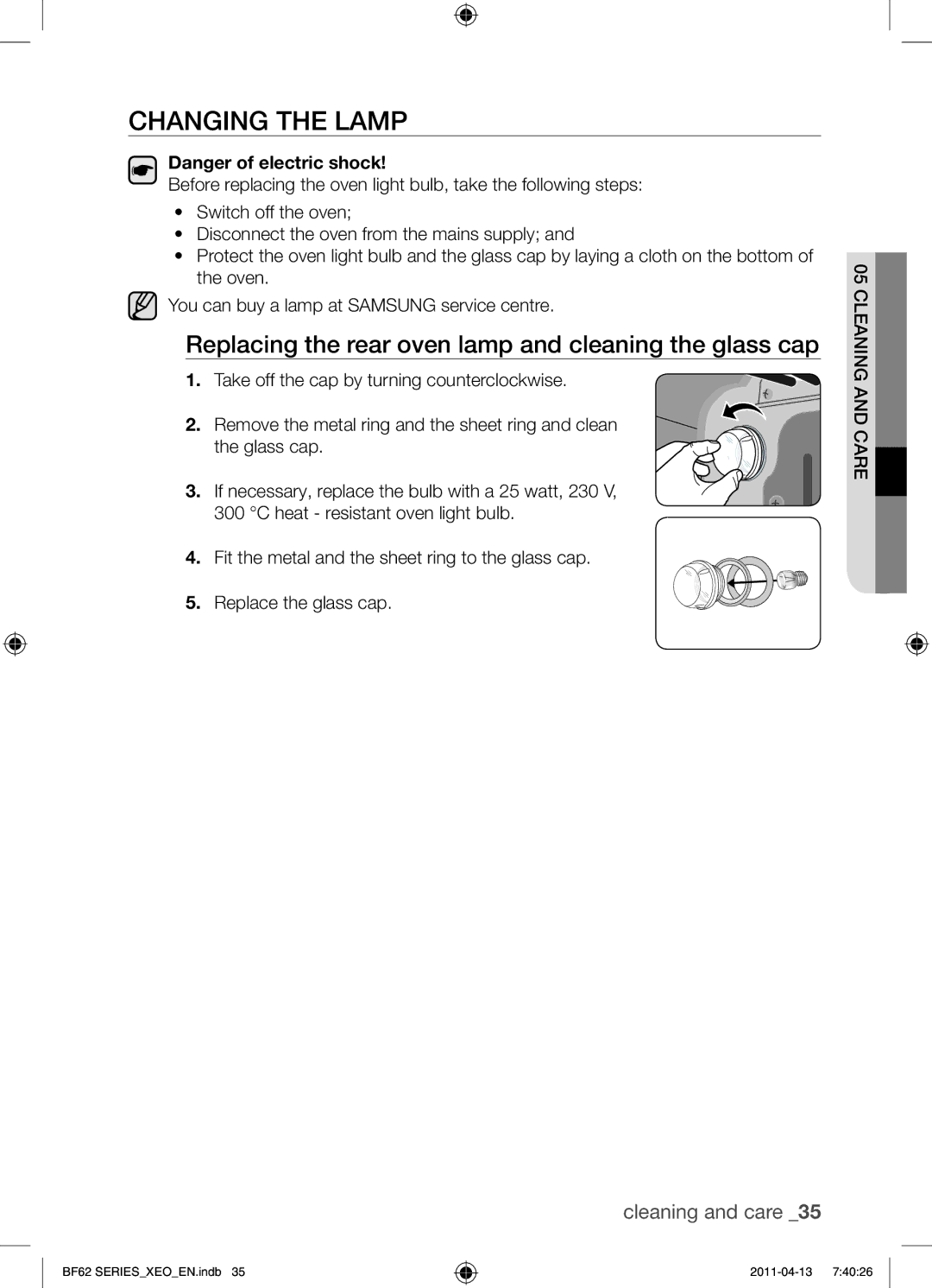 Samsung BF62TCST/XEO, BF62TCST/XEG manual Changing the lamp, Replacing the rear oven lamp and cleaning the glass cap 