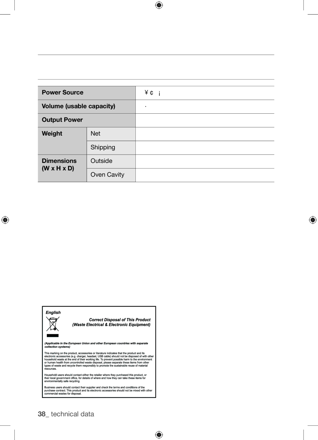 Samsung BF62TCST/XEG, BF62TCST/XEO manual Technical data 