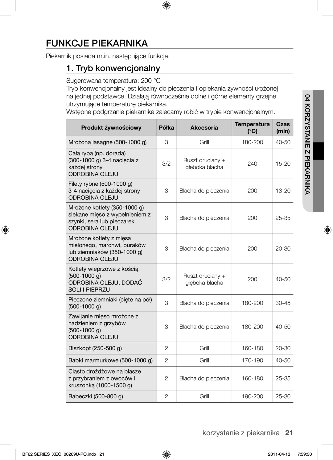 Samsung BF62TCST/XEO, BF62TCST/XEG Funkcje piekarnika, Tryb konwencjonalny, Piekarnik posiada m.in. następujące funkcje 