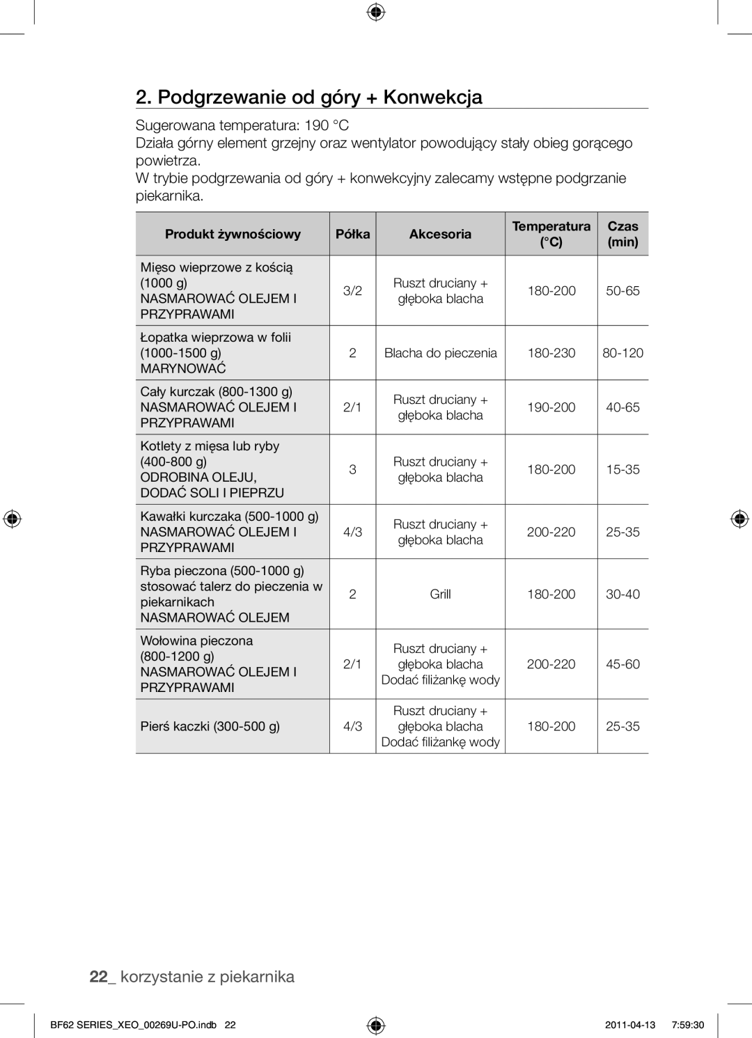 Samsung BF62TCST/XEG, BF62TCST/XEO manual Podgrzewanie od góry + Konwekcja 