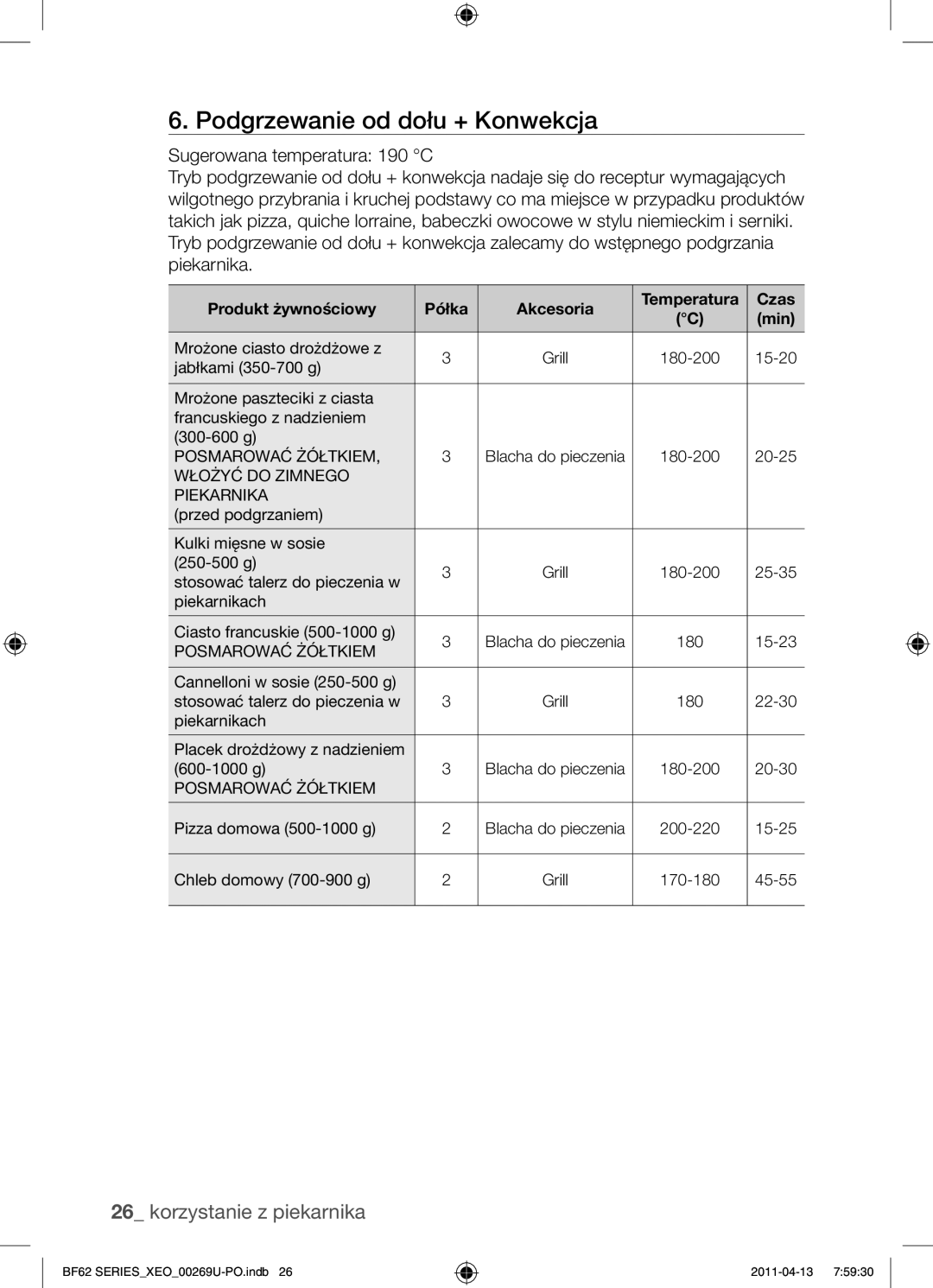 Samsung BF62TCST/XEG, BF62TCST/XEO manual Podgrzewanie od dołu + Konwekcja, Włożyć do Zimnego Piekarnika 