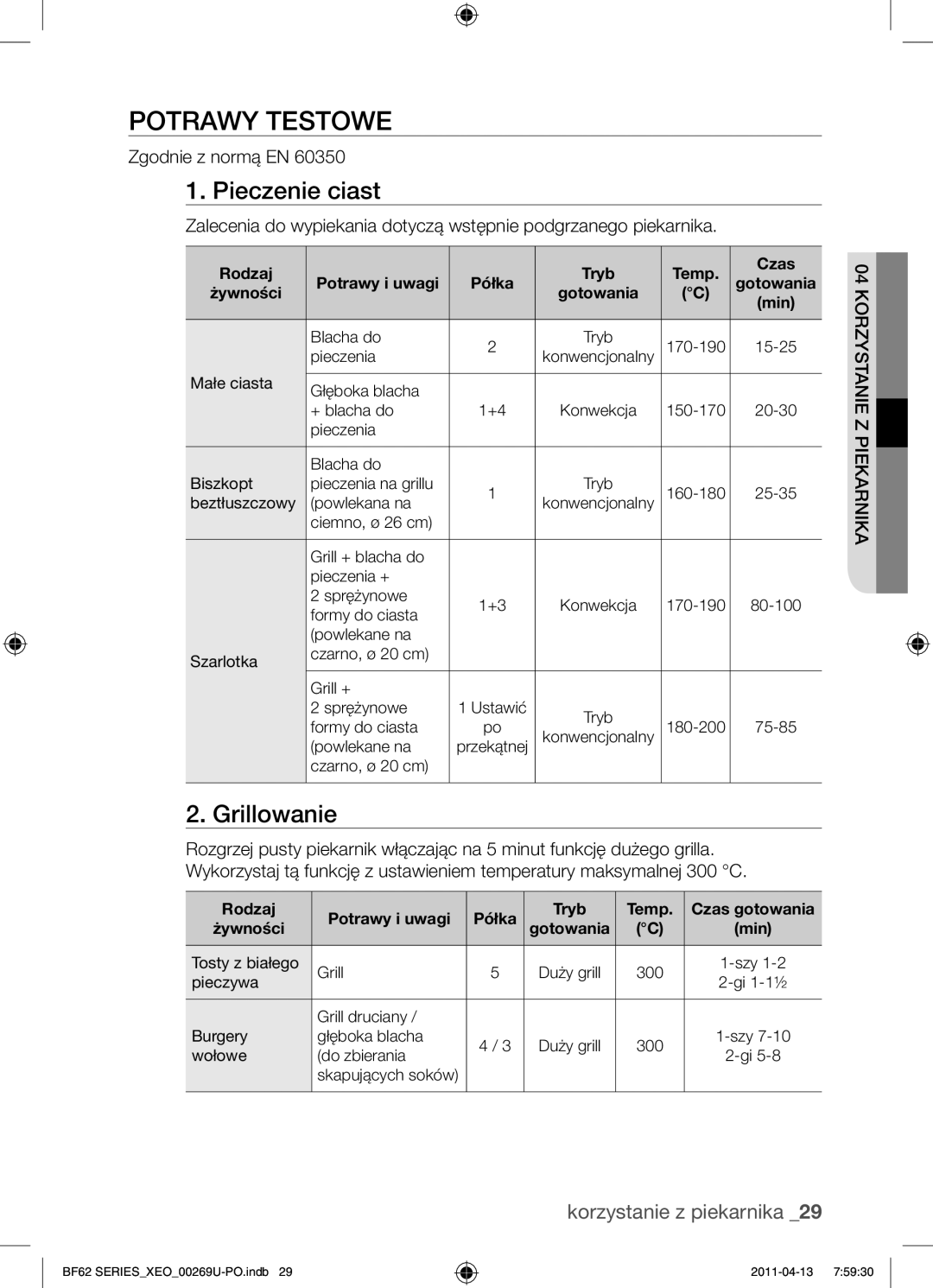 Samsung BF62TCST/XEO, BF62TCST/XEG manual Potrawy testowe, Pieczenie ciast, Grillowanie, Zgodnie z normą EN 