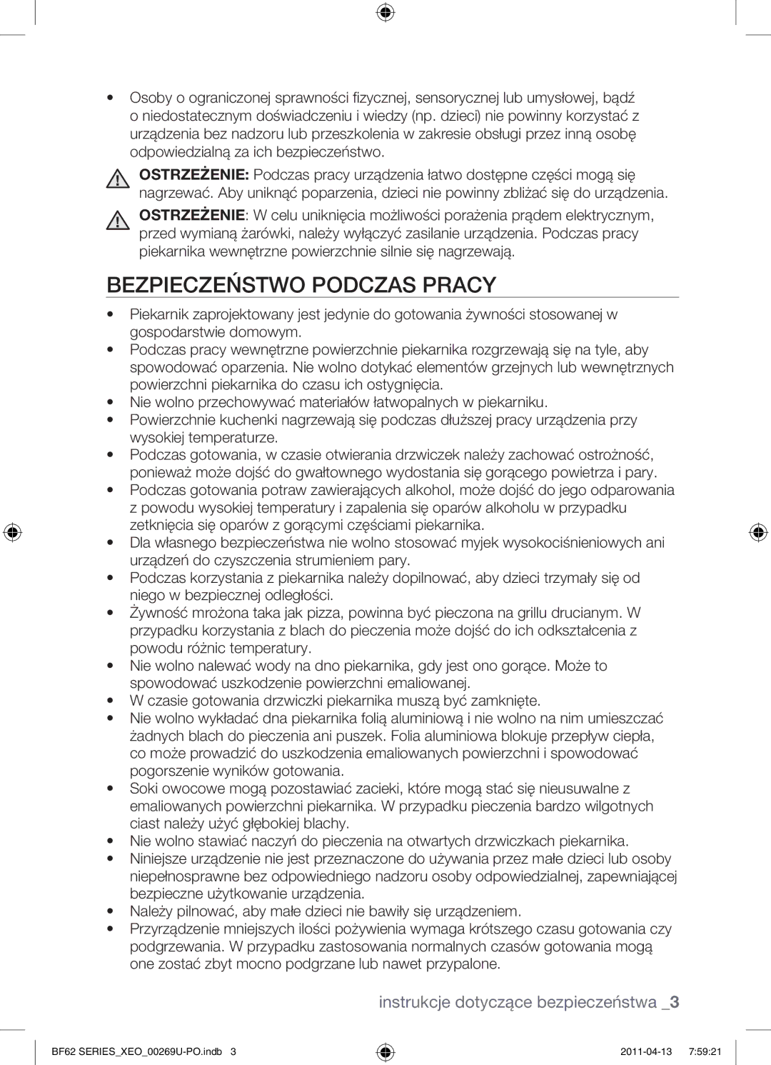 Samsung BF62TCST/XEO, BF62TCST/XEG manual Bezpieczeństwo podczas pracy 