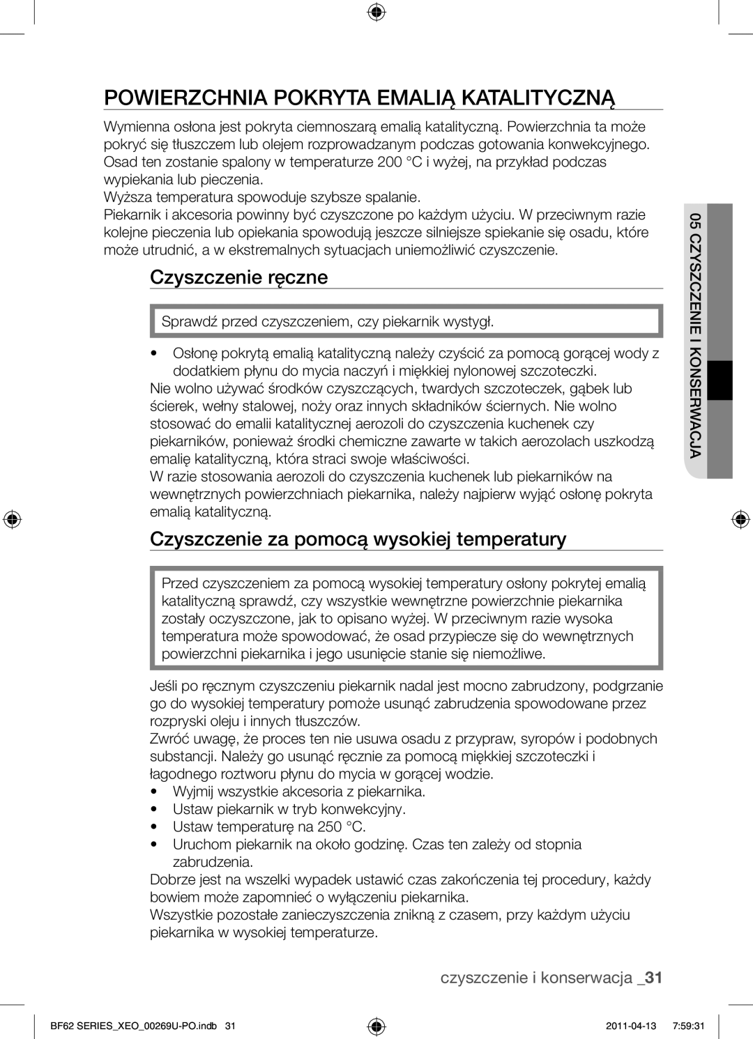 Samsung BF62TCST/XEO manual Powierzchnia pokryta emalią katalityczną, Czyszczenie ręczne, Ser i iekonne szczzyC Wacj 