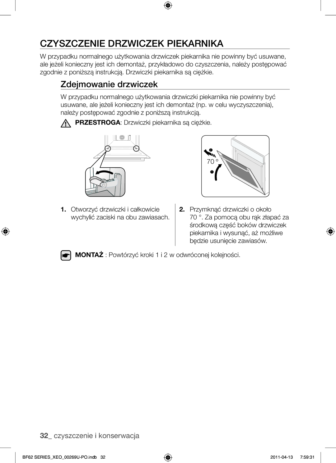 Samsung BF62TCST/XEG, BF62TCST/XEO manual Czyszczenie drzwiczek piekarnika, Zdejmowanie drzwiczek 