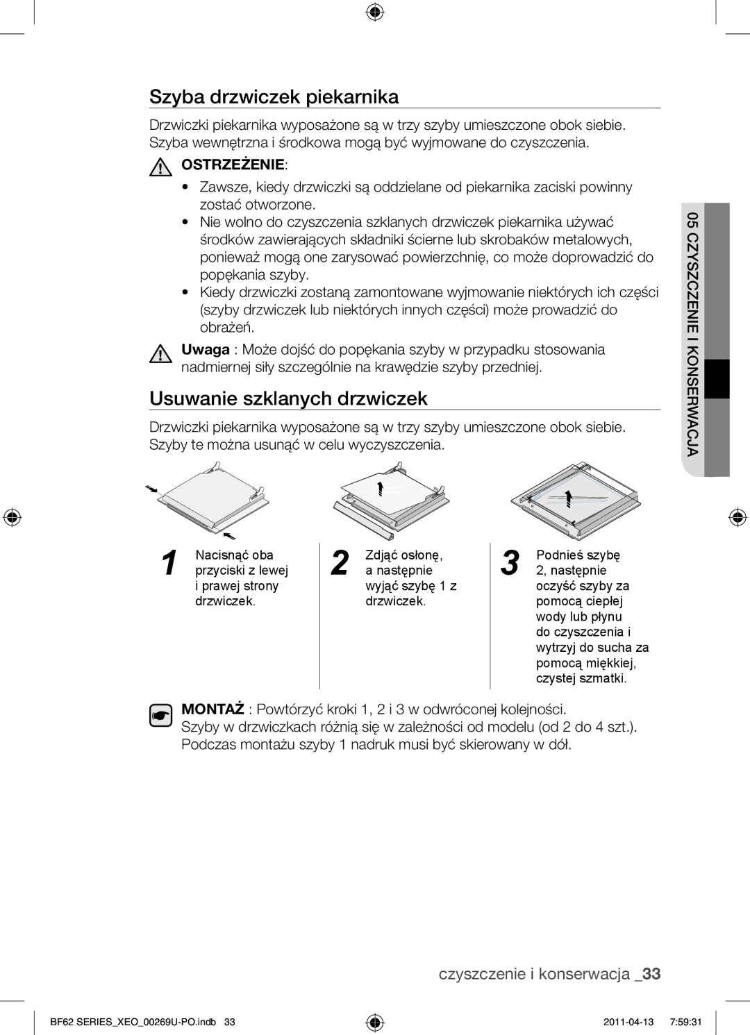 Samsung BF62TCST/XEO, BF62TCST/XEG manual Szyba drzwiczek piekarnika, Usuwanie szklanych drzwiczek 