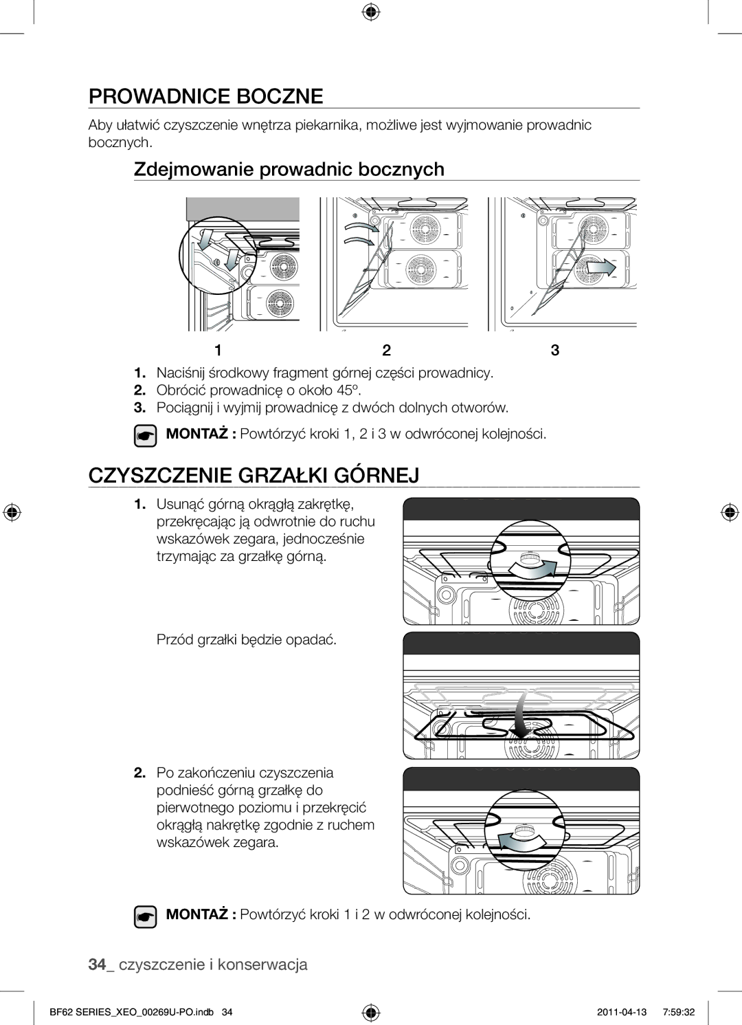 Samsung BF62TCST/XEG, BF62TCST/XEO manual Prowadnice boczne, Czyszczenie grzałki górnej, Zdejmowanie prowadnic bocznych 