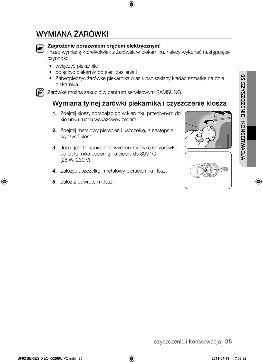 Samsung BF62TCST/XEO, BF62TCST/XEG manual Wymiana żarówki, Wymiana tylnej żarówki piekarnika i czyszczenie klosza 