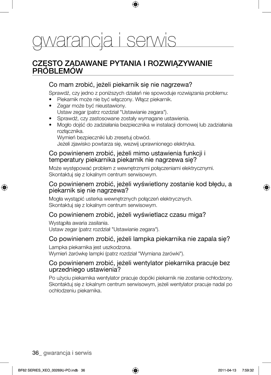 Samsung BF62TCST/XEG, BF62TCST/XEO manual Gwarancja i serwis, Często zadawane pytania i rozwiązywanie problemów 