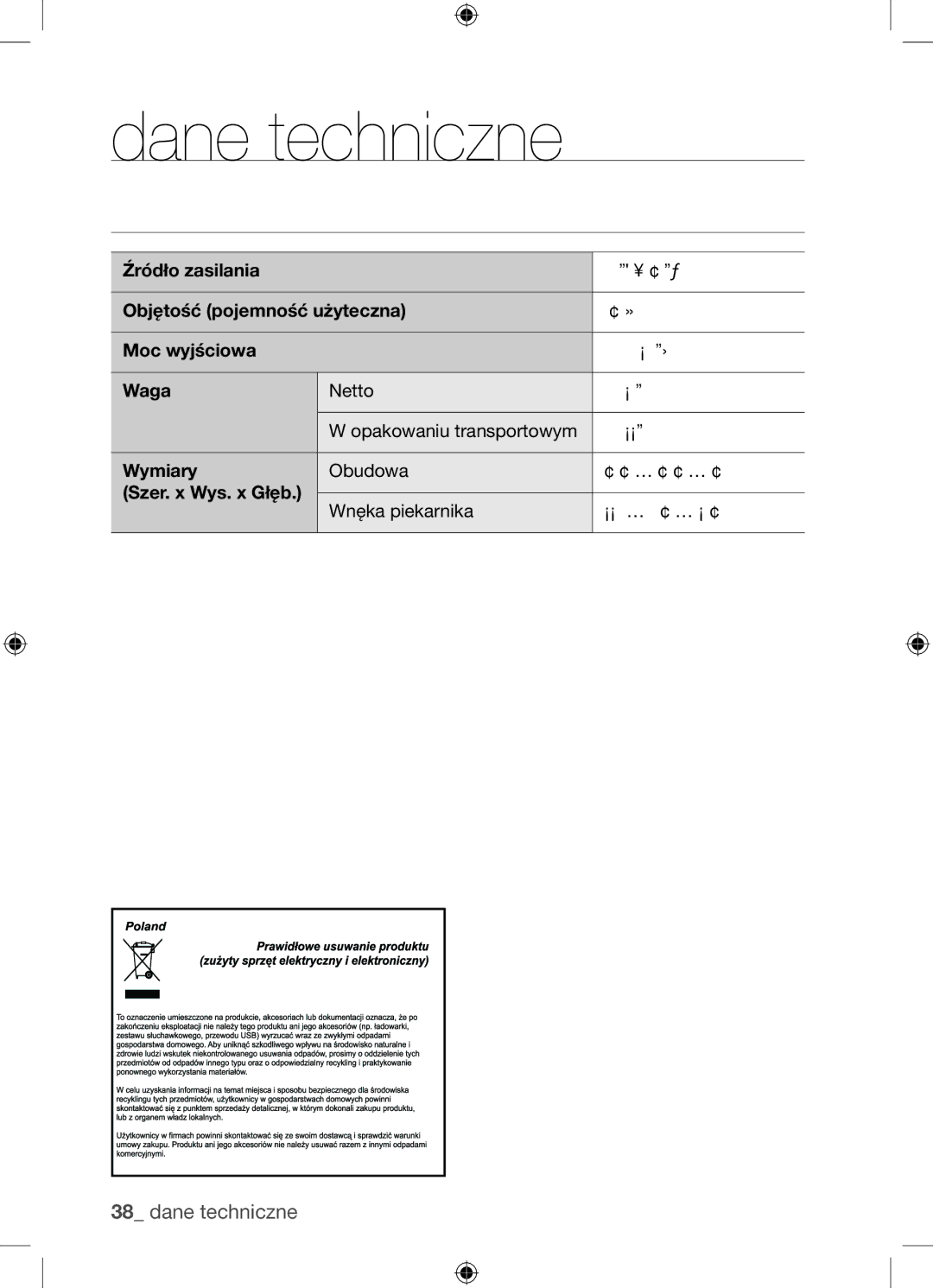 Samsung BF62TCST/XEG, BF62TCST/XEO manual Dane techniczne 