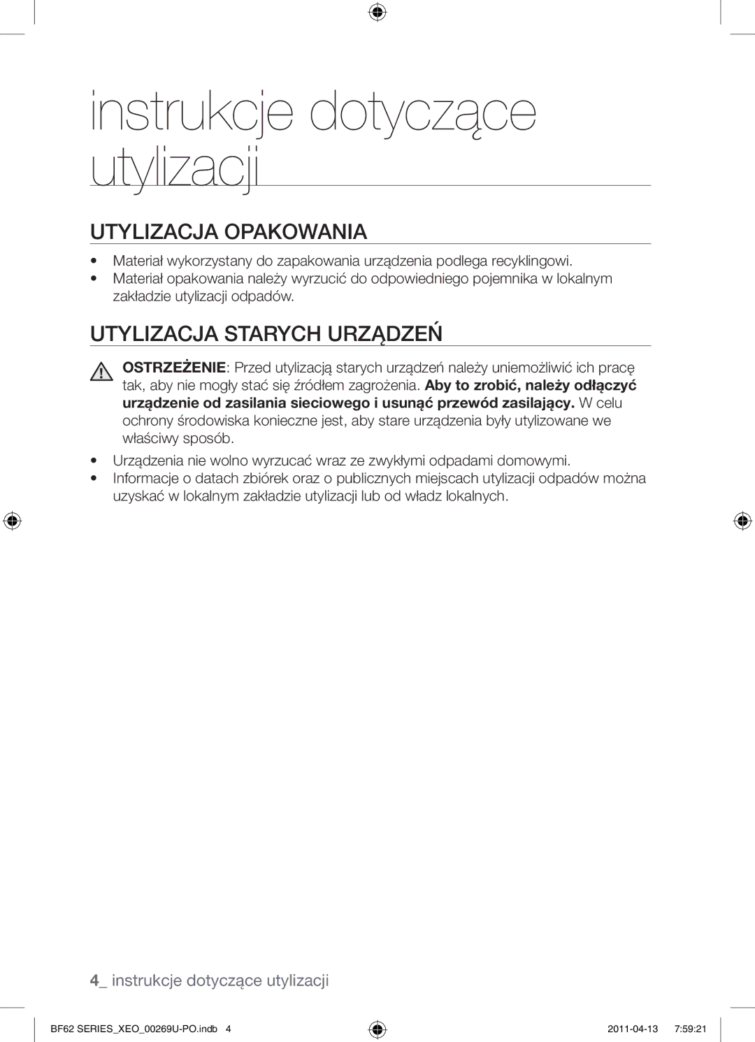 Samsung BF62TCST/XEG, BF62TCST/XEO manual Utylizacja opakowania, Utylizacja starych urządzeń 