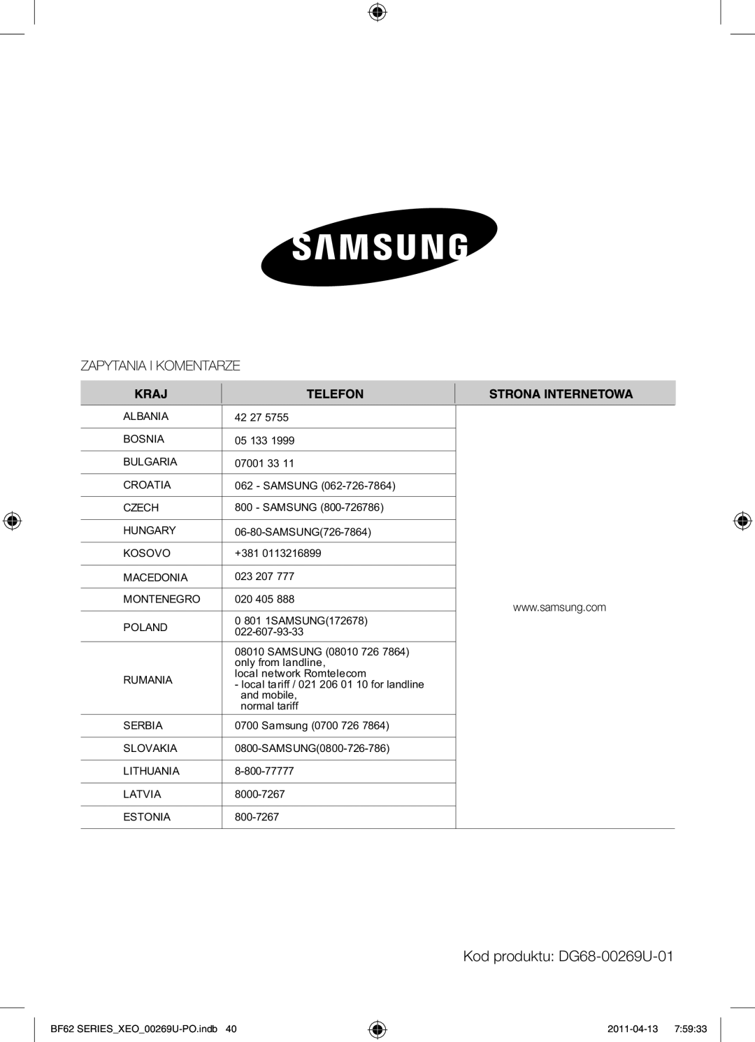 Samsung BF62TCST/XEG, BF62TCST/XEO manual Kod produktu DG68-00269U-01 