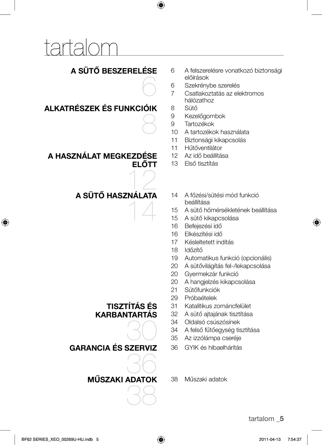 Samsung BF62TCST/XEO, BF62TCST/XEG manual Tartalom 