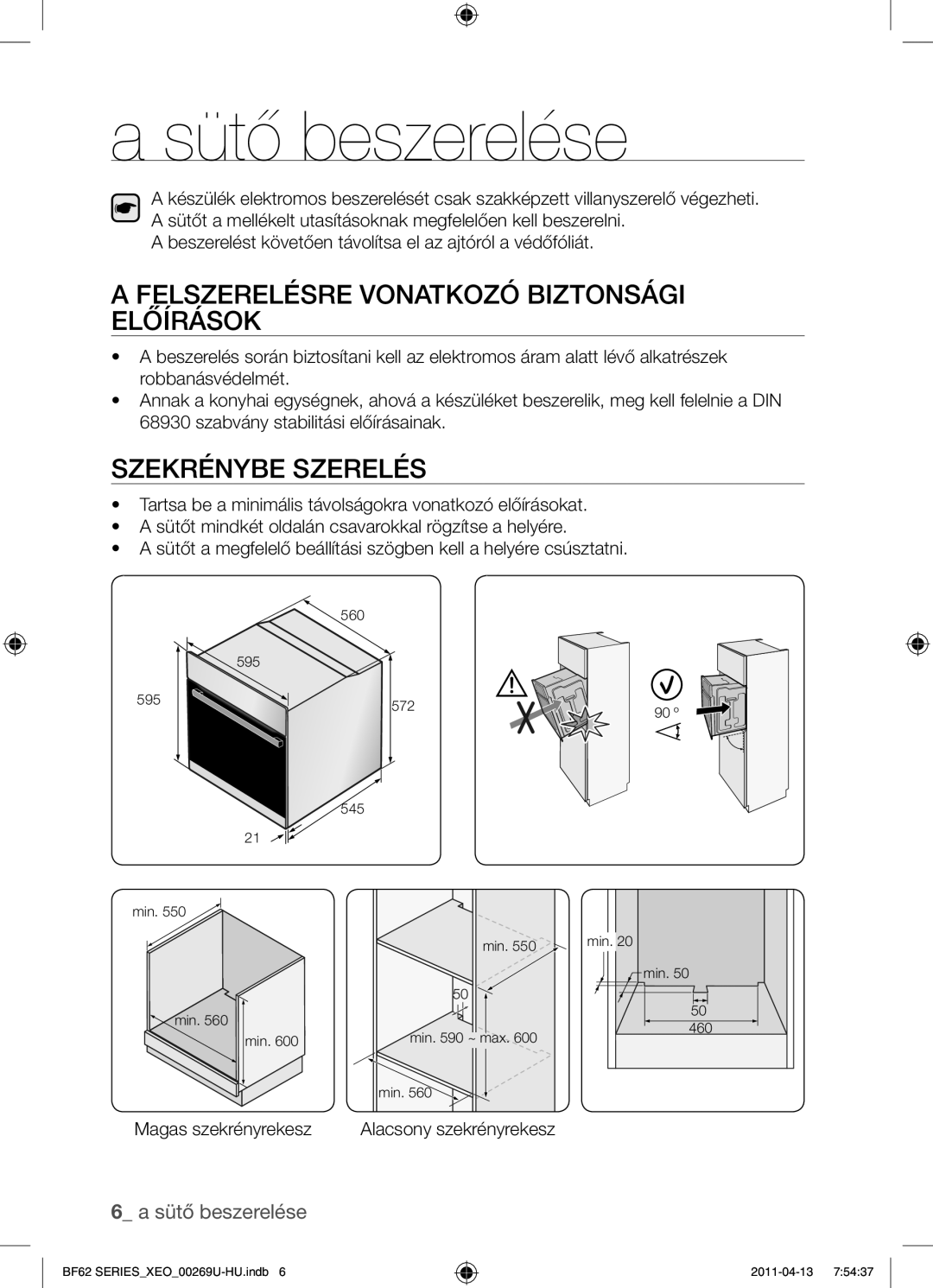 Samsung BF62TCST/XEG, BF62TCST/XEO Sütő beszerelése, Felszerelésre vonatkozó biztonsági előírások, Szekrénybe szerelés 