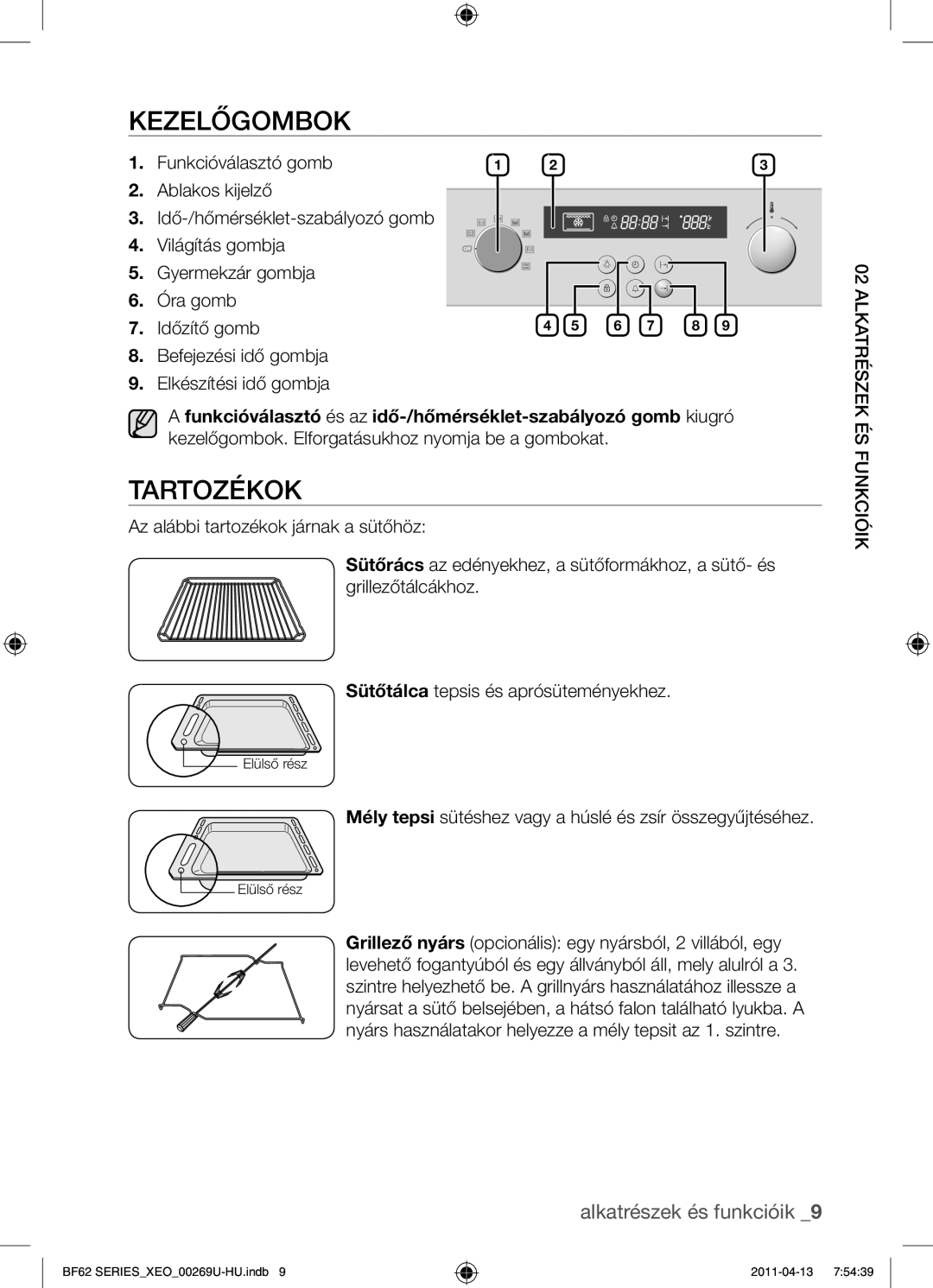 Samsung BF62TCST/XEO, BF62TCST/XEG manual Kezelőgombok, Tartozékok, Funkcióválasztó gomb, Éunkcióik észe atr 02 Alk 