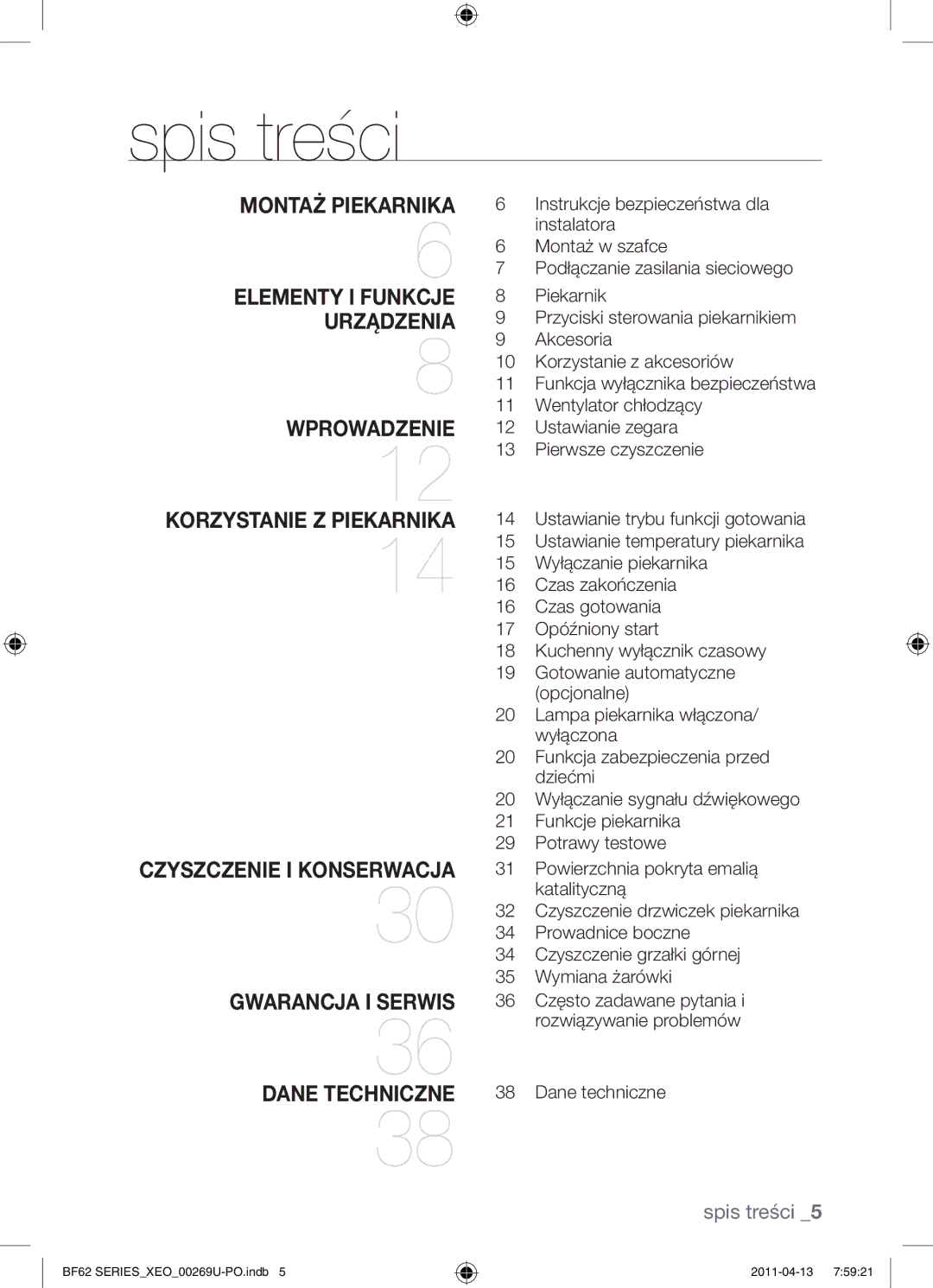 Samsung BF62TCST/XEO, BF62TCST/XEG manual Spis treści, Dane techniczne 