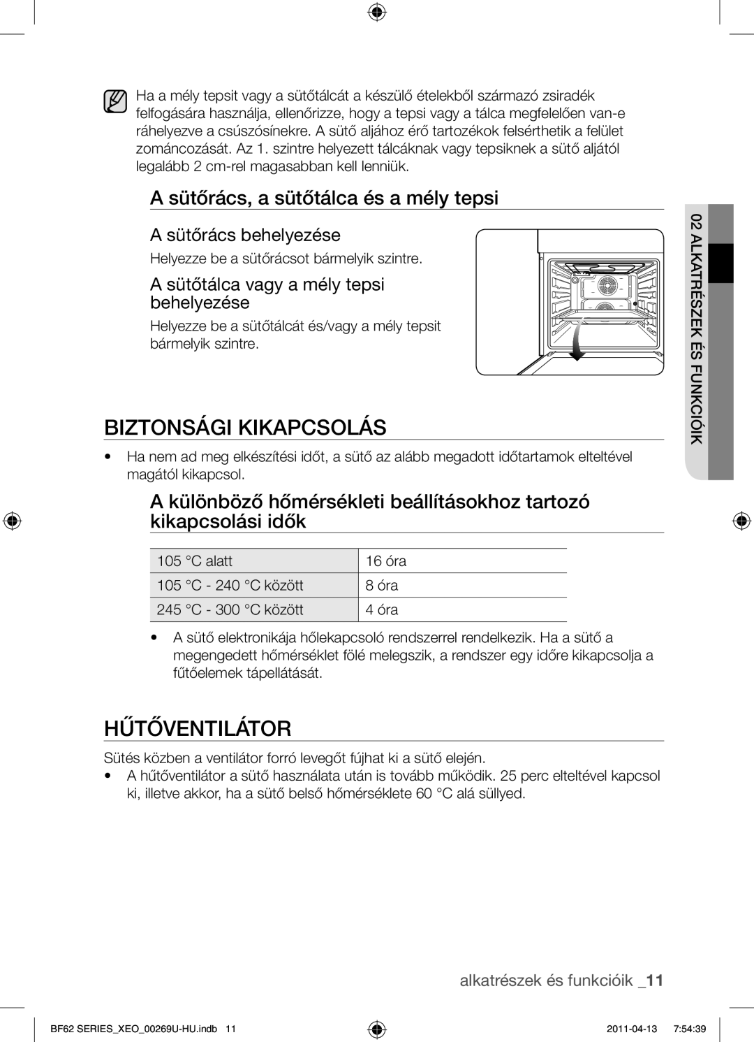 Samsung BF62TCST/XEO, BF62TCST/XEG manual Biztonsági kikapcsolás, Hűtőventilátor, Sütőrács, a sütőtálca és a mély tepsi 