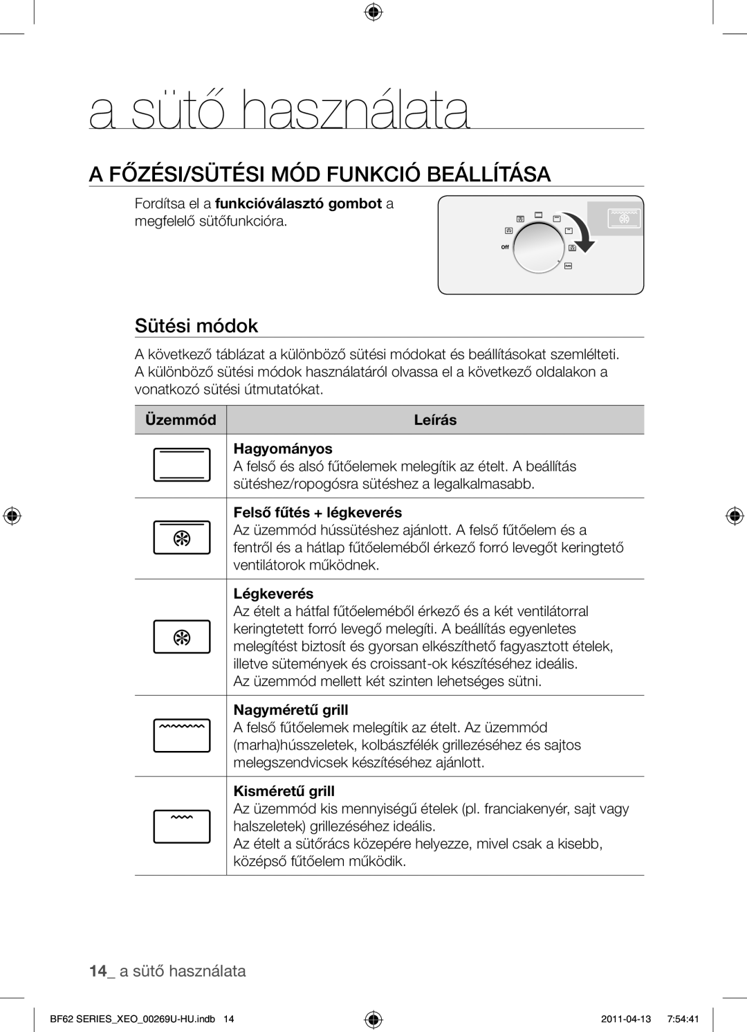 Samsung BF62TCST/XEG, BF62TCST/XEO manual Sütő használata, Főzési/sütési mód funkció beállítása, Sütési módok 