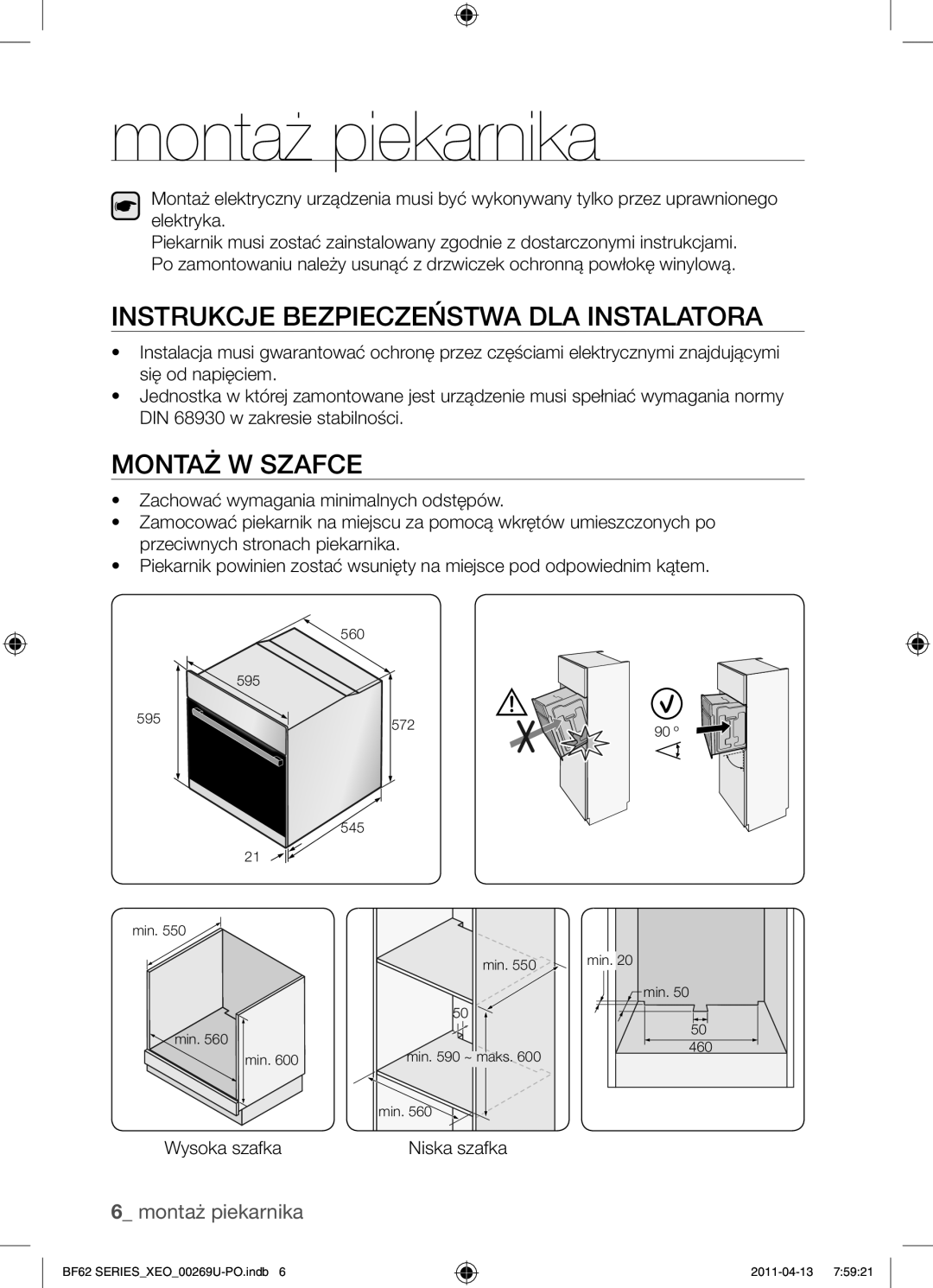 Samsung BF62TCST/XEG manual Montaż piekarnika, Instrukcje bezpieczeństwa dla instalatora, Montaż w szafce, Wysoka szafka 