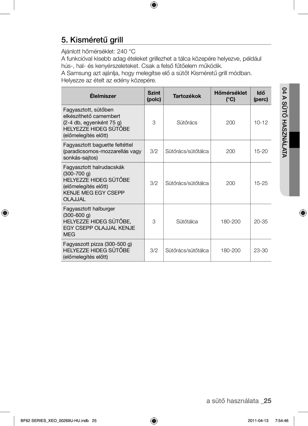 Samsung BF62TCST/XEO, BF62TCST/XEG manual Kisméretű grill, Élelmiszer Szint Tartozékok Hőmérséklet Idő Polc 