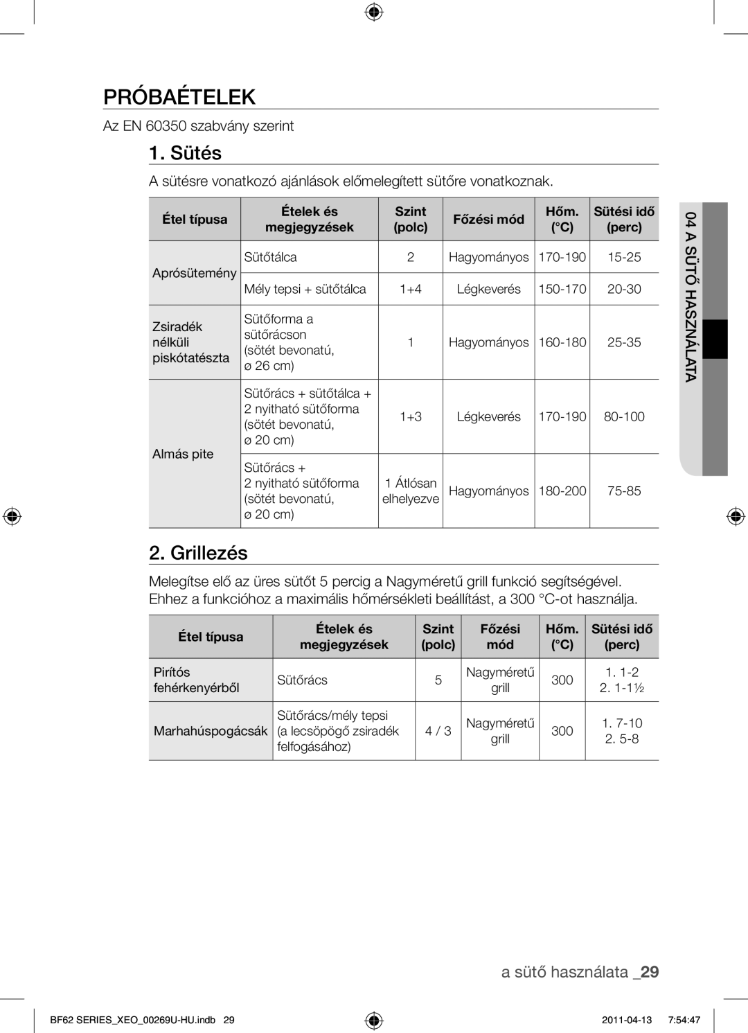 Samsung BF62TCST/XEO, BF62TCST/XEG manual Próbaételek, Sütés, Grillezés, Az EN 60350 szabvány szerint 