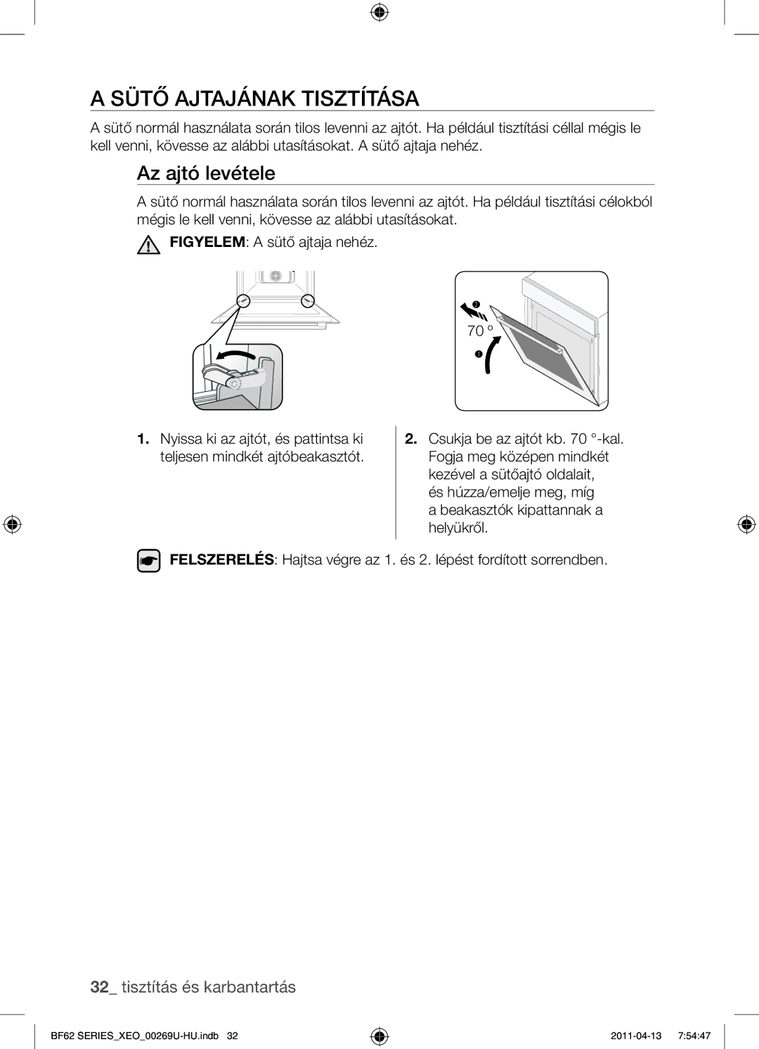 Samsung BF62TCST/XEG, BF62TCST/XEO manual Sütő ajtajának tisztítása, Az ajtó levétele 