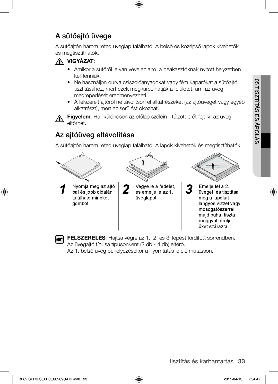 Samsung BF62TCST/XEO, BF62TCST/XEG manual Sütőajtó üvege, Az ajtóüveg eltávolítása 