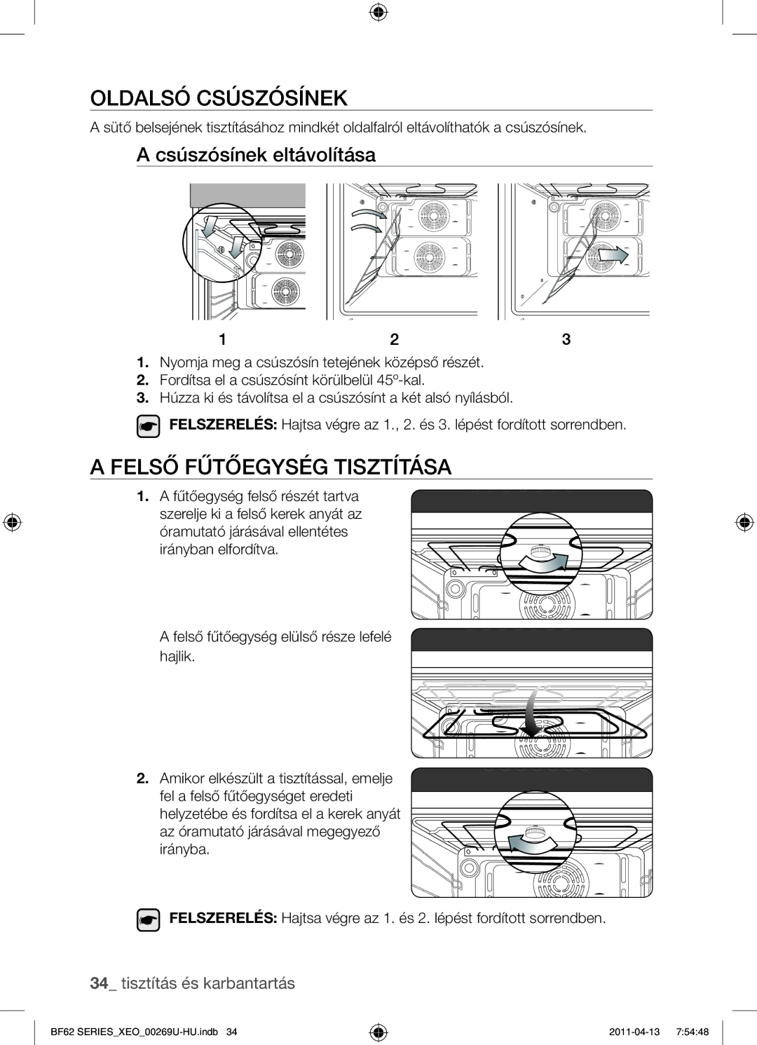 Samsung BF62TCST/XEG, BF62TCST/XEO manual Oldalsó csúszósínek, Felső fűtőegység tisztítása, Csúszósínek eltávolítása 