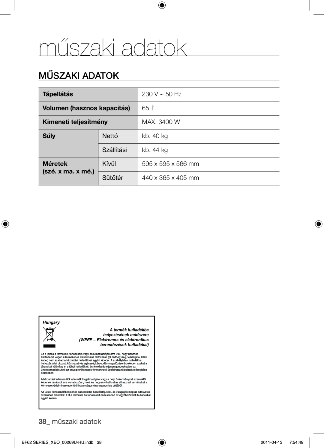 Samsung BF62TCST/XEG, BF62TCST/XEO manual Műszaki adatok 