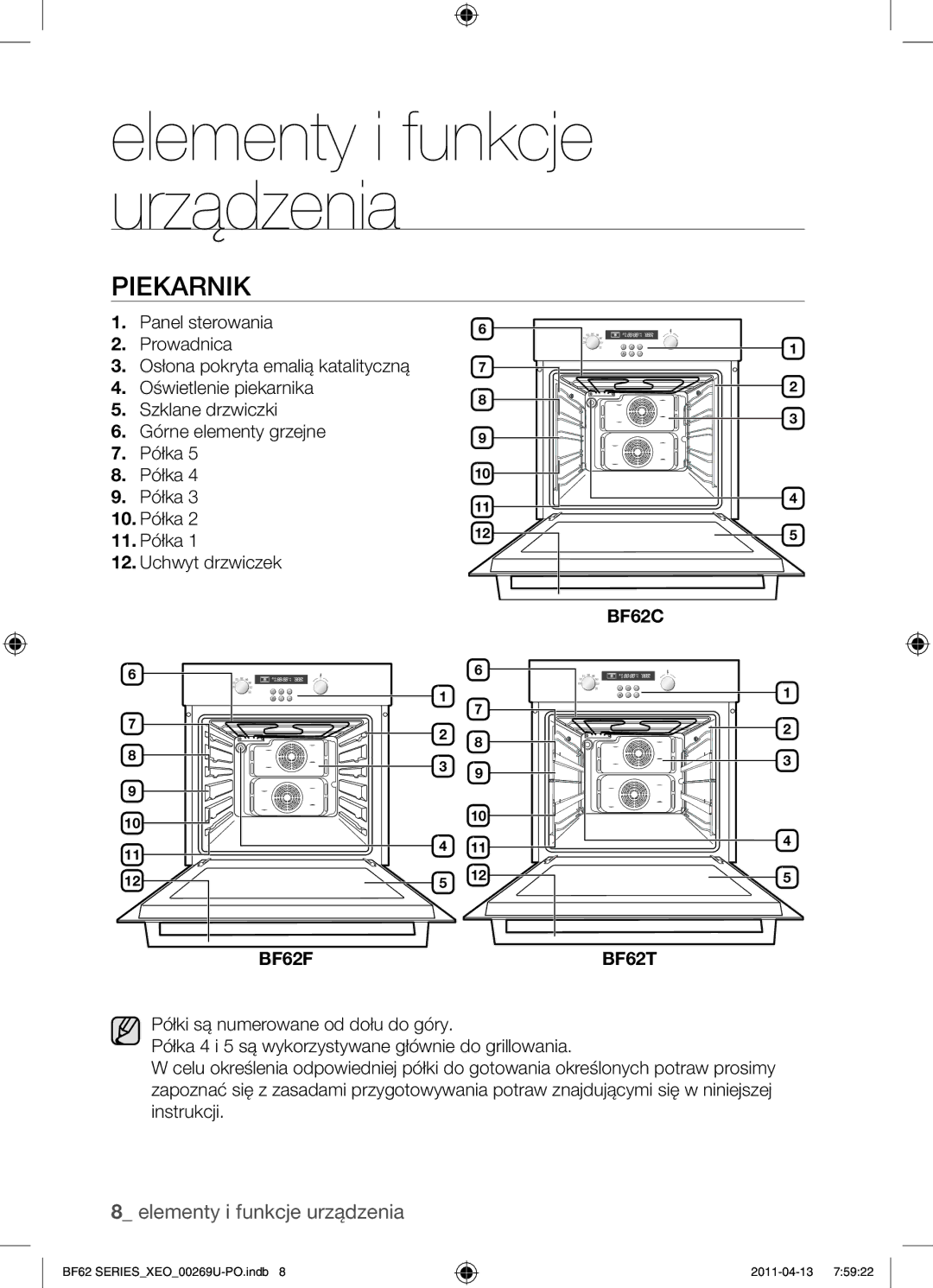 Samsung BF62TCST/XEG, BF62TCST/XEO manual Elementy i funkcje urządzenia, Piekarnik 