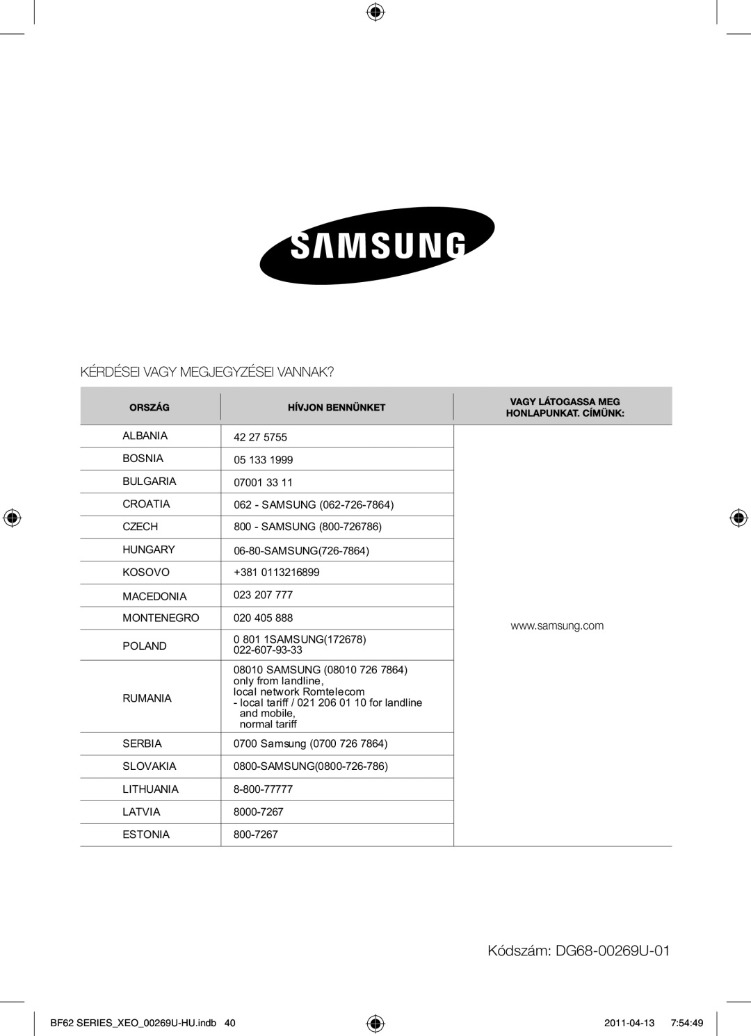 Samsung BF62TCST/XEG, BF62TCST/XEO manual Kódszám DG68-00269U-01 