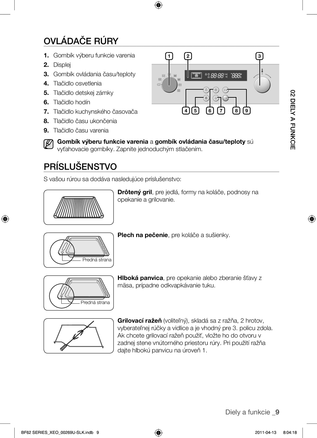 Samsung BF62TCST/XEO, BF62TCST/XEG manual Ovládače rúry, Príslušenstvo, Gombík výberu funkcie varenia, Displej 