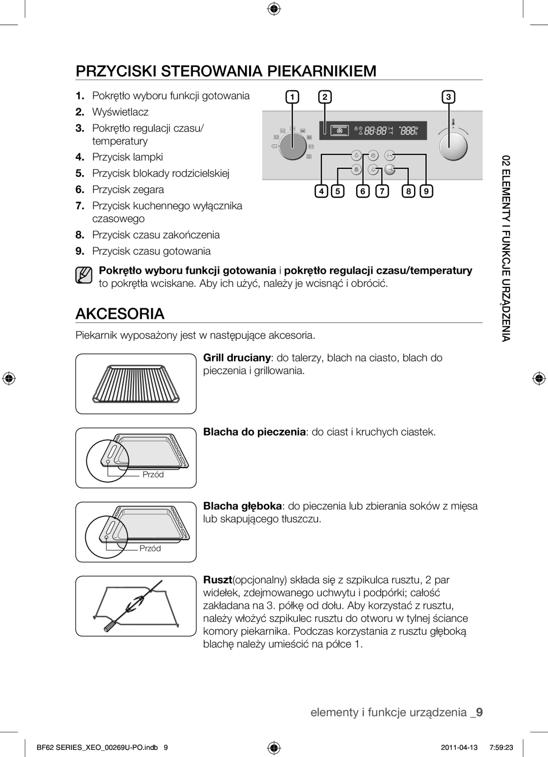 Samsung BF62TCST/XEO, BF62TCST/XEG manual Przyciski sterowania piekarnikiem, Akcesoria, Pokrętło wyboru funkcji gotowania 