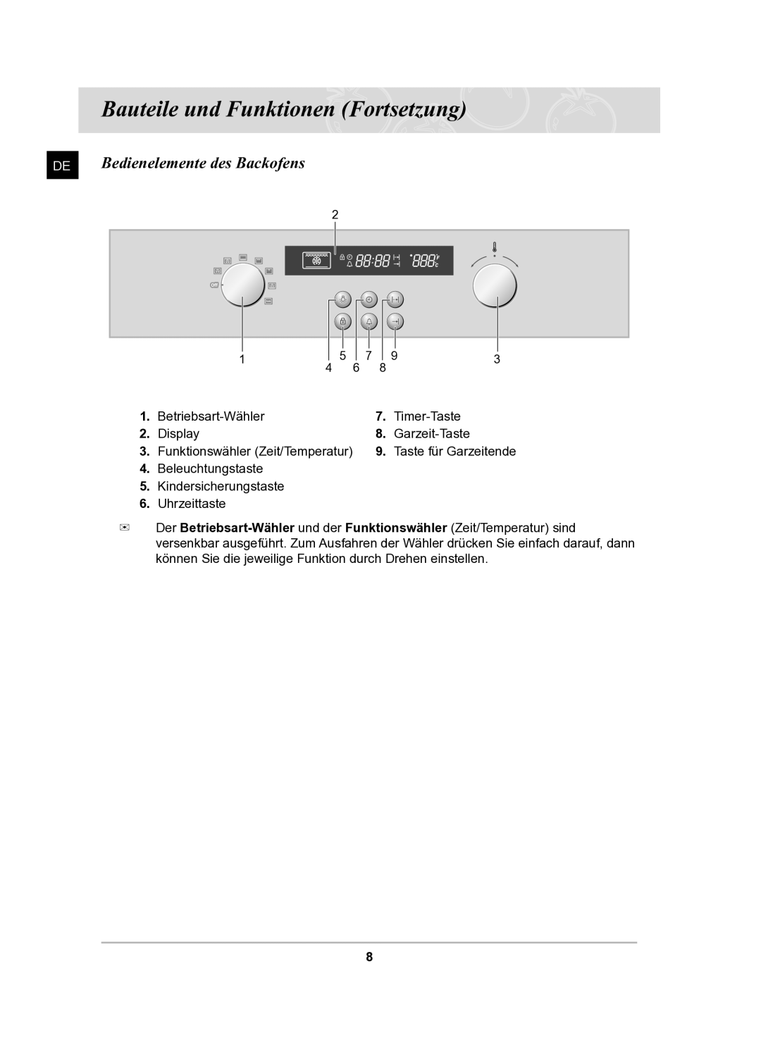 Samsung BF62TCST/XEG manual Bauteile und Funktionen Fortsetzung, Bedienelemente des Backofens 