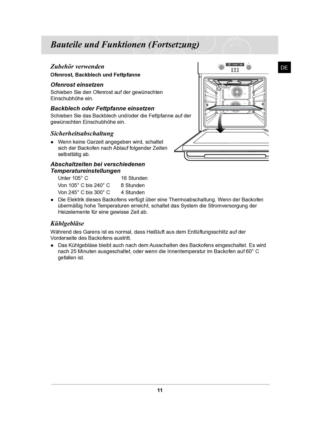 Samsung BF62TCST/XEG manual Zubehör verwenden, Sicherheitsabschaltung, Kühlgebläse 