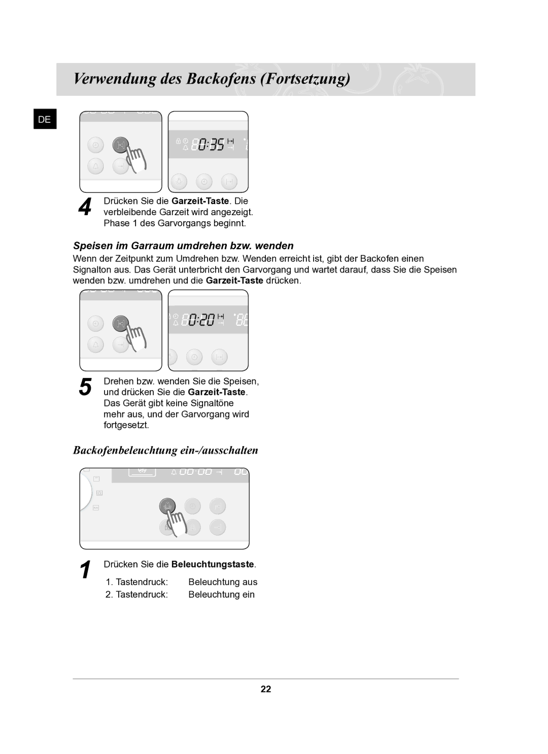 Samsung BF62TCST/XEG manual Backofenbeleuchtung ein-/ausschalten, Speisen im Garraum umdrehen bzw. wenden 