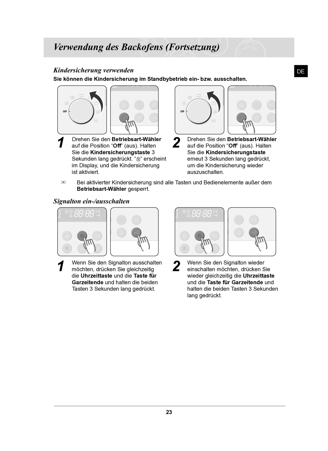 Samsung BF62TCST/XEG manual Kindersicherung verwenden, Signalton ein-/ausschalten 