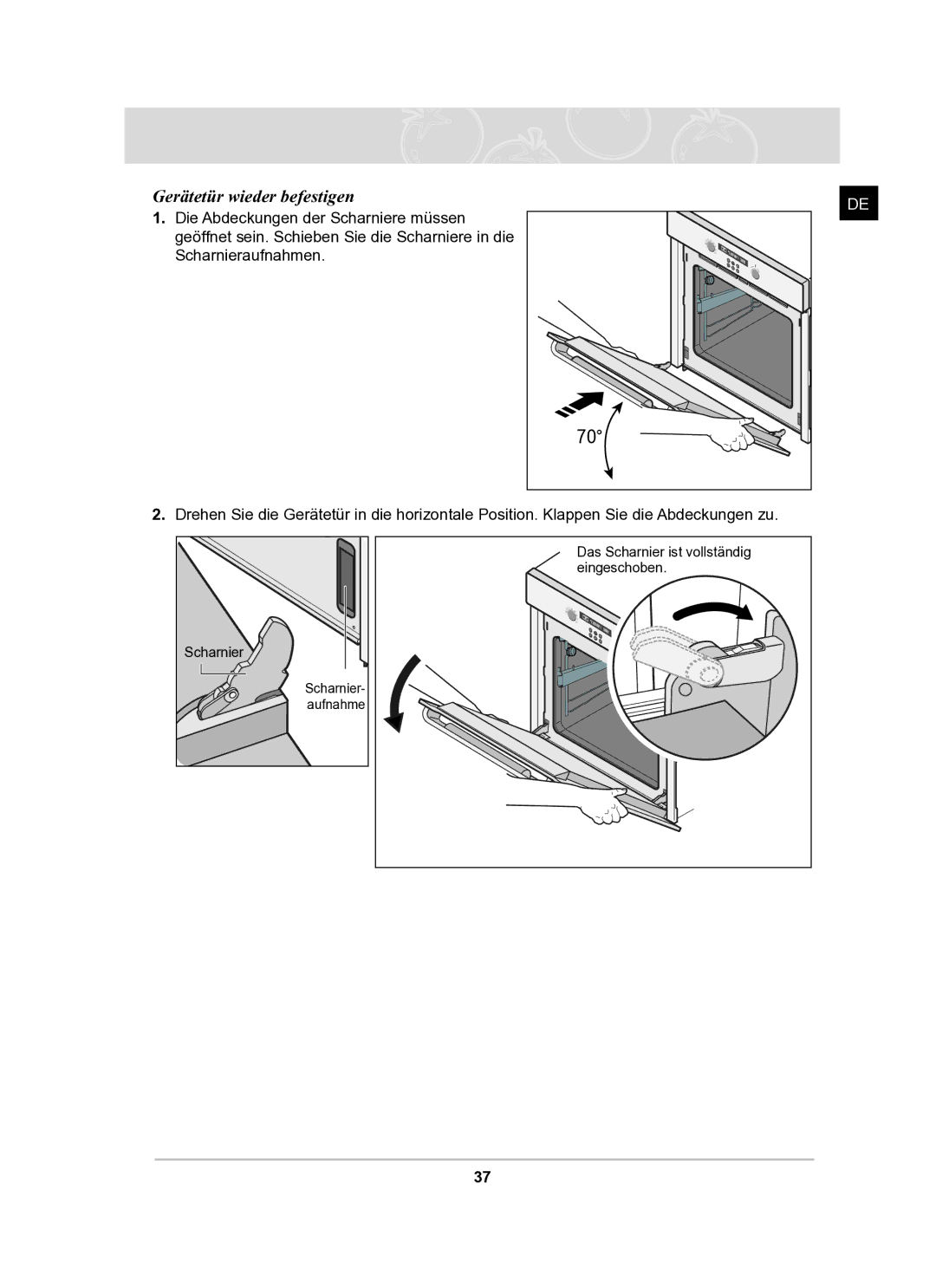 Samsung BF62TCST/XEG manual Gerätetür wieder befestigen 