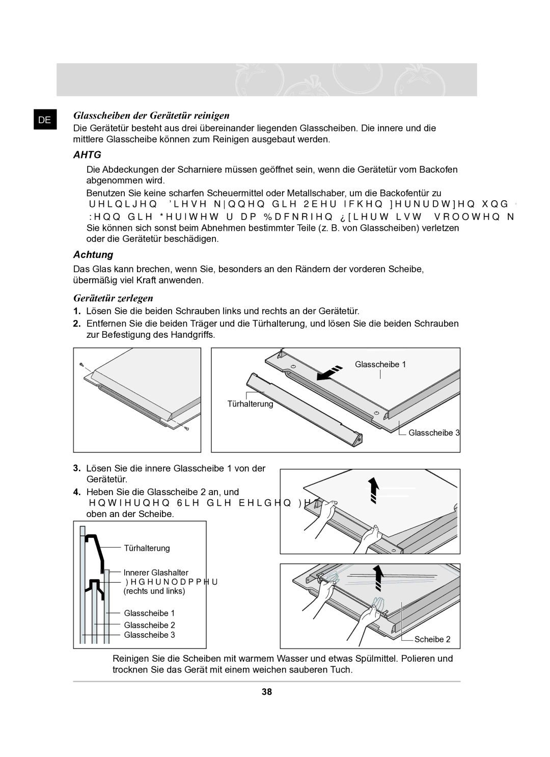 Samsung BF62TCST/XEG manual Glasscheiben der Gerätetür reinigen, Gerätetür zerlegen 