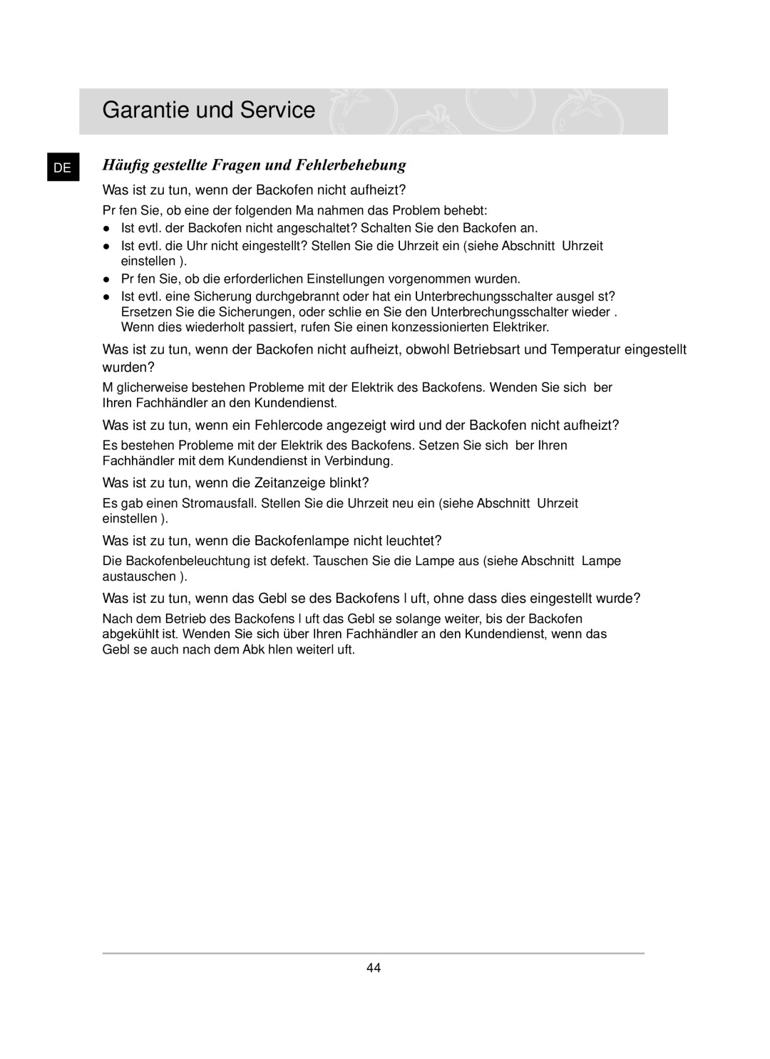 Samsung BF62TCST/XEG manual Garantie und Service, Häufig gestellte Fragen und Fehlerbehebung 