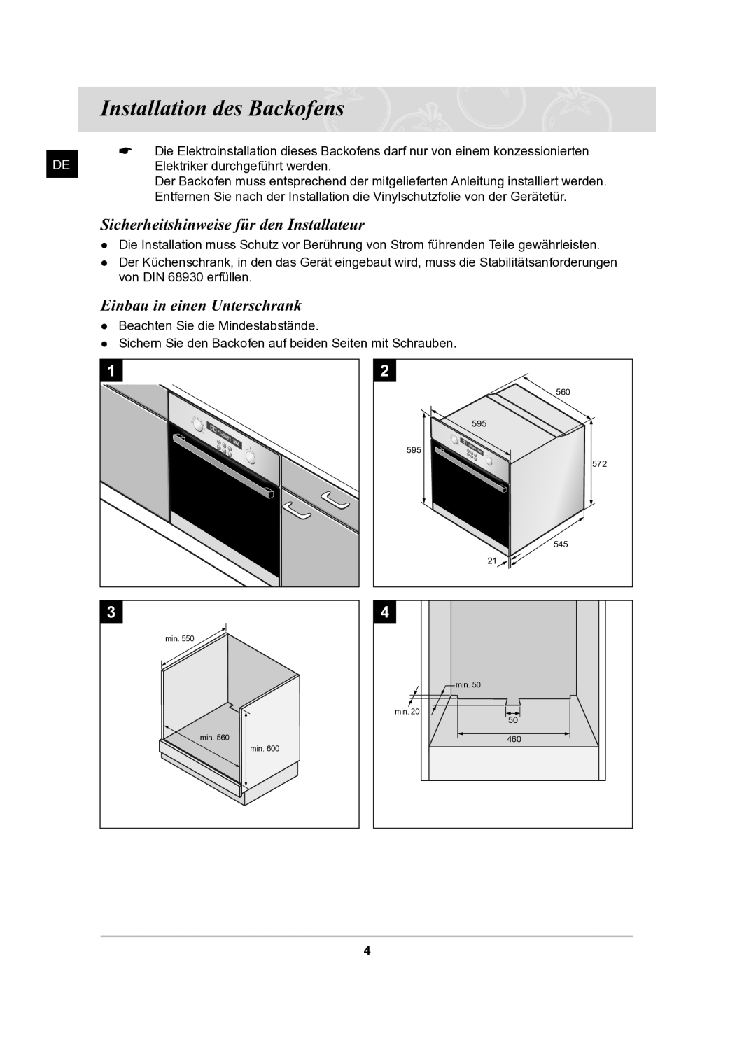 Samsung BF62TCST/XEG Installation des Backofens, Sicherheitshinweise für den Installateur, Einbau in einen Unterschrank 