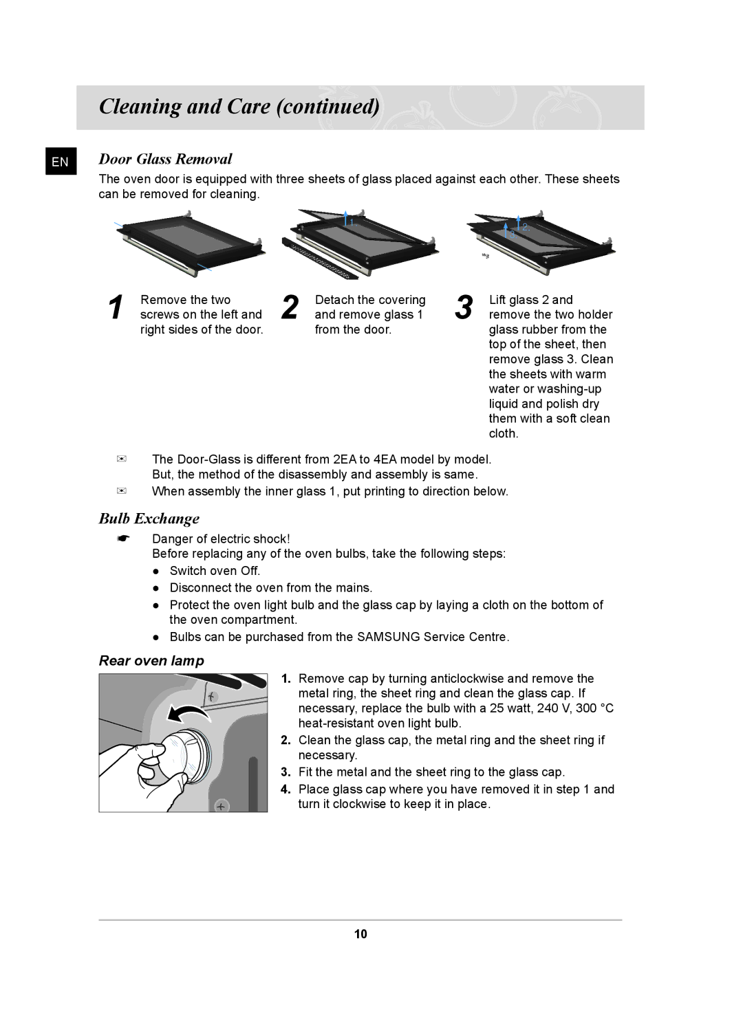 Samsung BF641 Series user manual Door Glass Removal, Bulb Exchange 