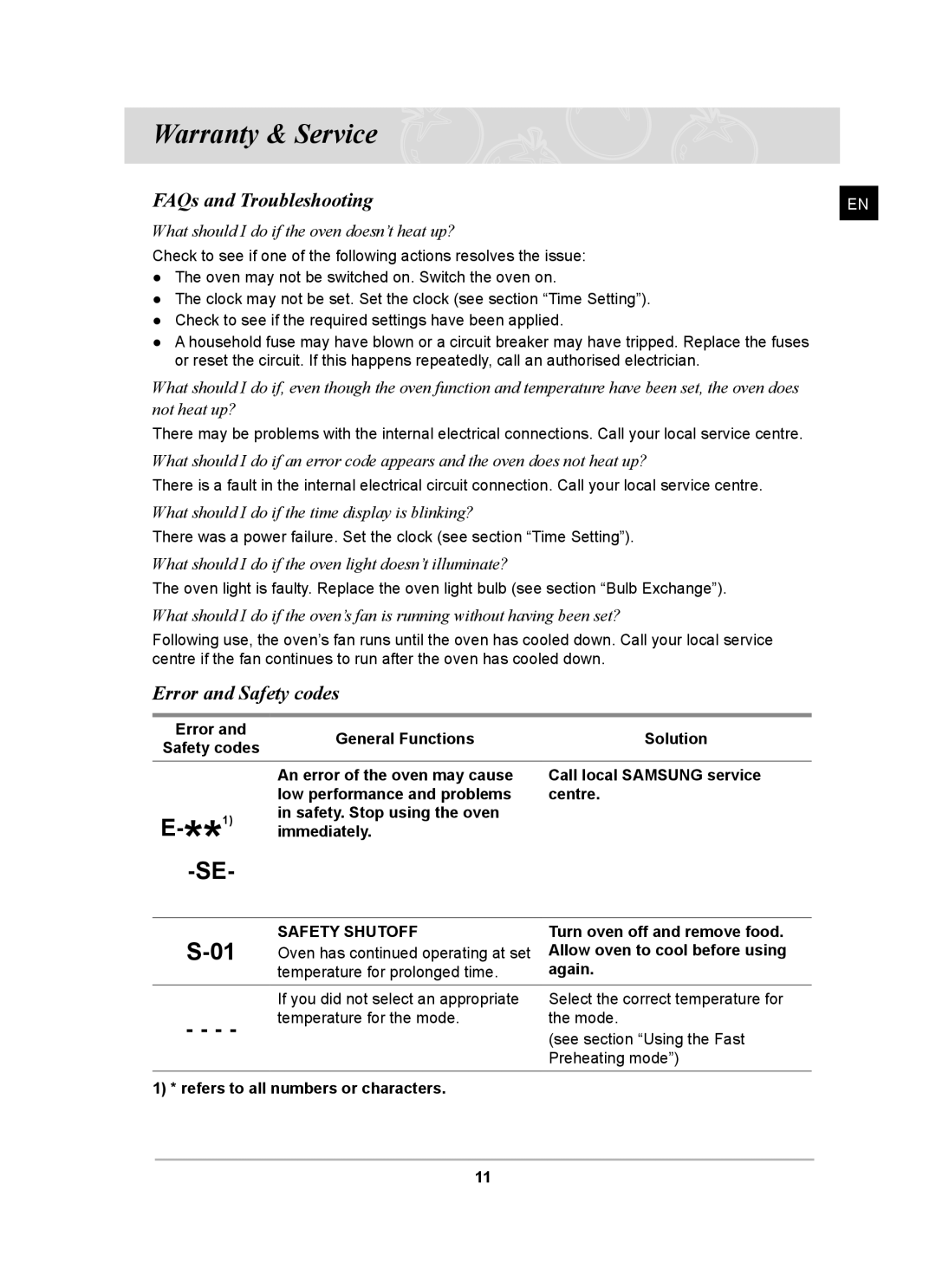 Samsung BF641 Series user manual Warranty & Service, Error and Safety codes, Error General Functions Solution 