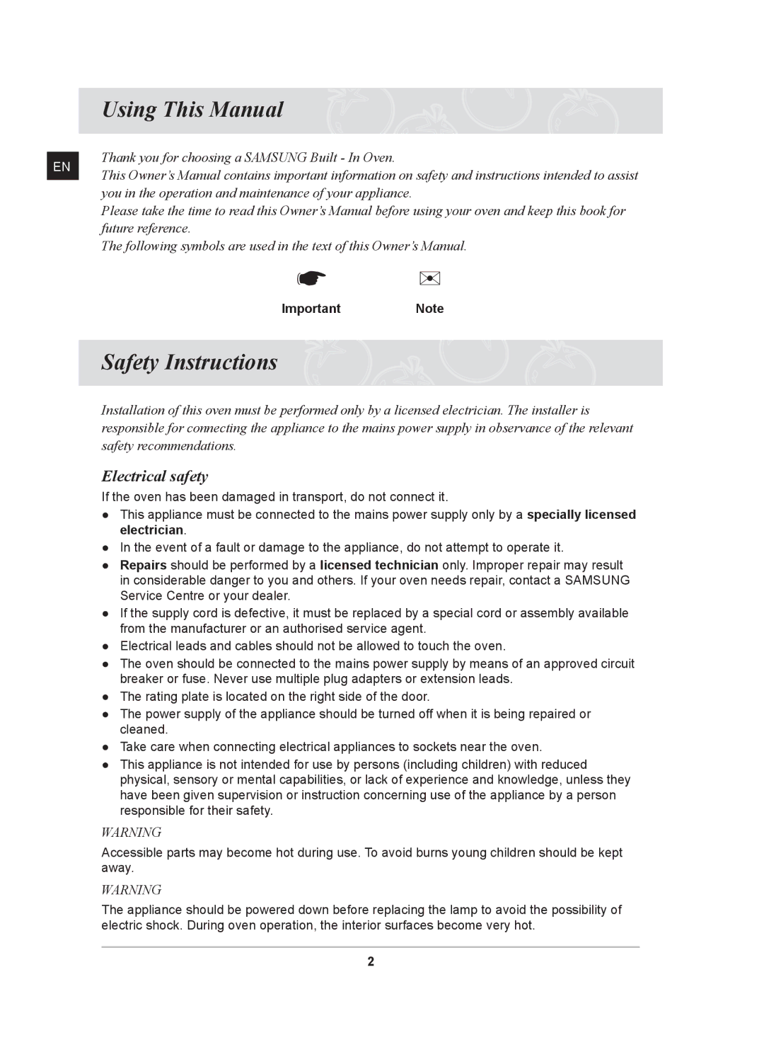 Samsung BF641 Series user manual Using This Manual, Safety Instructions, Electrical safety, ImportantNote 