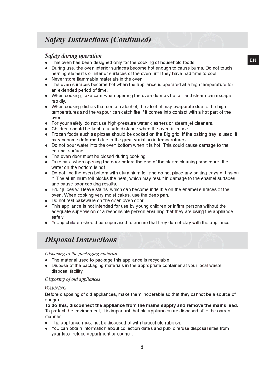 Samsung BF641 Series user manual Disposal Instructions, Safety during operation 