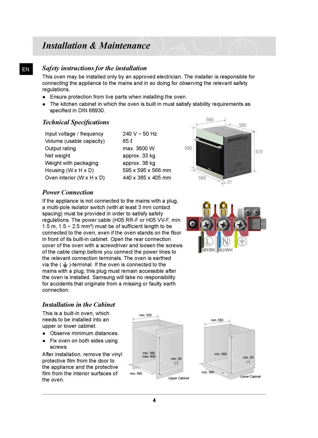 Samsung BF641 Series Installation & Maintenance, Safety instructions for the installation, Technical Speciﬁcations 