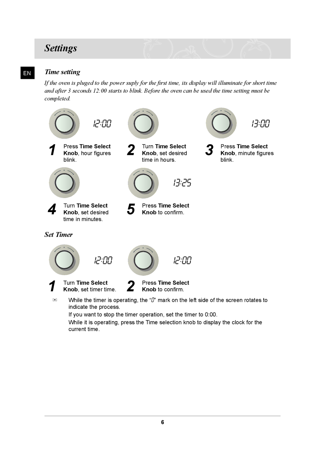 Samsung BF641 Series user manual Settings, Time setting, Set Timer, Turn Time Select Press Time Select 