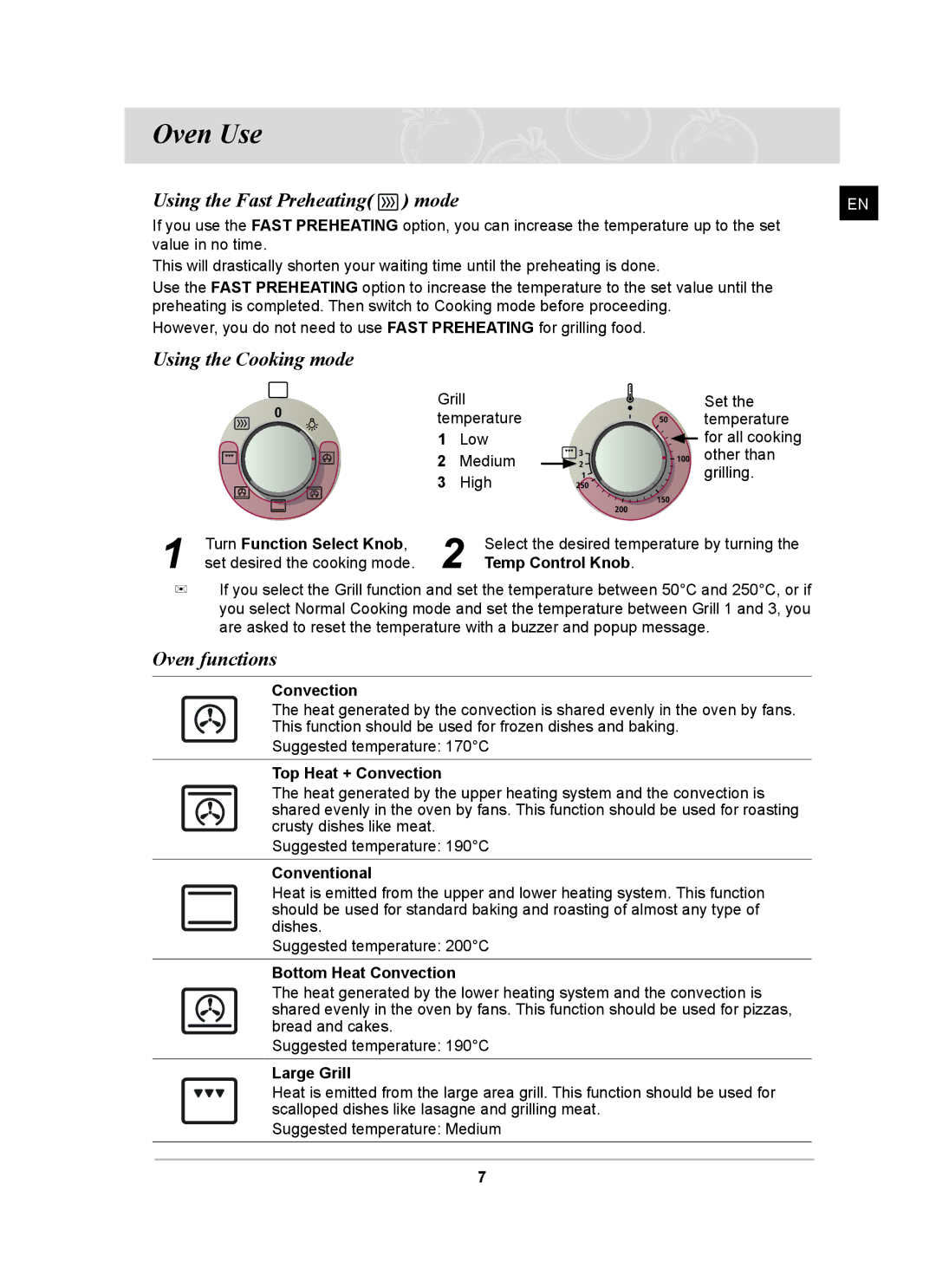 Samsung BF641 Series user manual Oven Use, Using the Cooking mode, Oven functions 